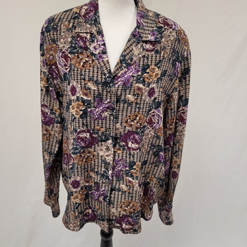 Nora Noh Silk Floral Hounds Tooth Button Up Top 12